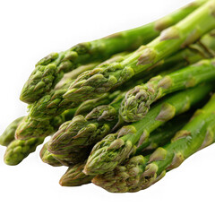Close up shot of a bunch of fresh green asparagus against a white background
