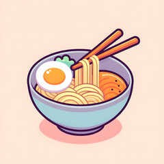 simple cartoon ramen bowl with soft pastel noodles and egg, minimal design


