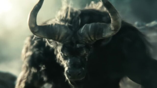 Powerful minotaur creature with bull horns and muscular humanoid body emerging from misty atmospheric background in mythological fantasy setting