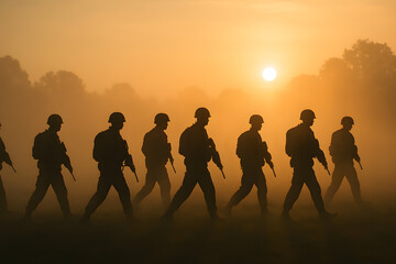 Fototapeta premium Soldiers Marching at Sunrise