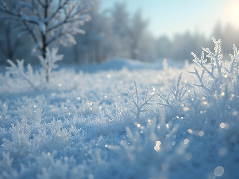 Frosted snow crystals sparkling on winter morning with sunlight creating beautiful summer contrast