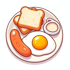 cartoon vector of fried egg, toast, and sausage on white plate, soft color, white background

