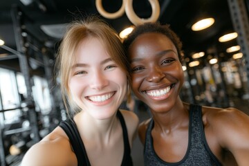 Smiling, two friends are at the gym working out with a set of rings