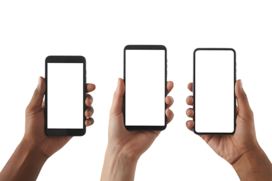 Three hands holding smartphones with blank white screens isolated on transparent background