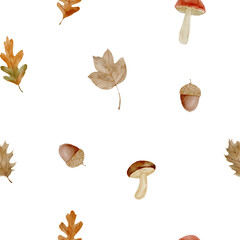 Watercolor Autumn Mushrooms and Leaves Seamless Pattern. Hand-Painted Forest Mushrooms Watercolor Repeat Design for Fall.
