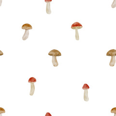Watercolor Autumn Mushrooms Seamless Pattern. Hand-Painted Forest Mushrooms Watercolor Repeat Design for Fall.