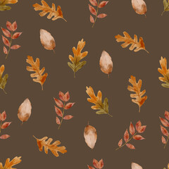 Obraz premium Watercolor Autumn Leaves Seamless Pattern on Dark background. Hand-Drawn Forest Watercolor Repeat Design for Fall.