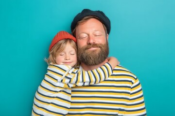 A hipster dad spends quality time with his little girl, lifting her up in his arms, engaging in delightful conversation, and basking in their special bond as they stand against a blue backdrop