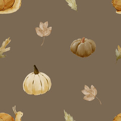 Watercolor Autumn Seamless Pattern with Snail, Pumpkin, Leaves on dark background. Hand-Painted Forest Watercolor Repeat Design for Fall.