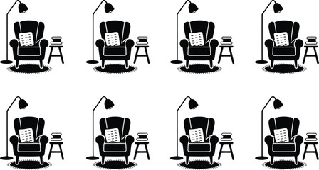 Black and White Armchair Reading Nook Floor Lamp Pattern