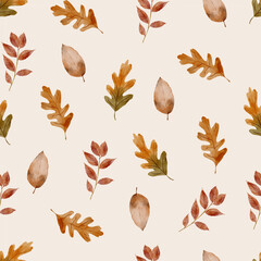 Watercolor Autumn Leaves Seamless Pattern on Pastel background. Hand-Drawn Forest Watercolor Repeat Design for Fall.