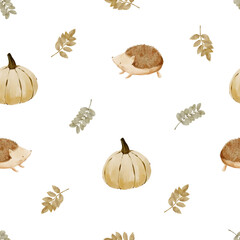 Watercolor Autumn Seamless Pattern with Hedgehog, Pumpkin, Leaves on Transparent Background. Hand-Drawn Forest Watercolor Repeat Design for Fall.