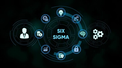 Six sigma business concept displayed with icons illustrating various key aspects of strategy