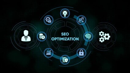 Digital seo optimization concept illustrated with icons displaying various marketing strategies