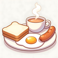 cartoon vector of fried egg, toast, and sausage on white plate, soft color, white background

