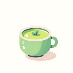 Japan matcha latte set. Flat cartoon illustration of matcha drinks. Matcha latte with foam art, heart, rabbit, flower. Green matcha in various cups.