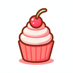 cartoon cupcake with pink frosting and cherry on top, minimal and cute style, white background


