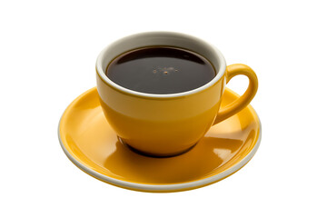Obraz premium A bright yellow coffee cup filled with dark coffee on a matching saucer isolated on transparent background