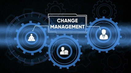 Change management concept depicted with gear icons and business professionals illustration