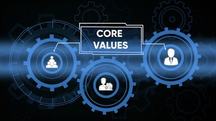 Obraz premium Core values concept depicted with gear icons and employee teamwork symbols on dark background