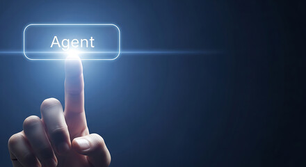 Human finger interacting with digital interface representing agent concept on futuristic background