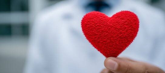 Fototapeta premium A doctor is depicted holding a red heart in a hospital office, symbolizing medical health care and the service provided by doctor staff