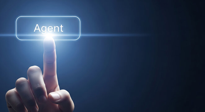 Human finger interacting with digital interface representing agent concept on futuristic background