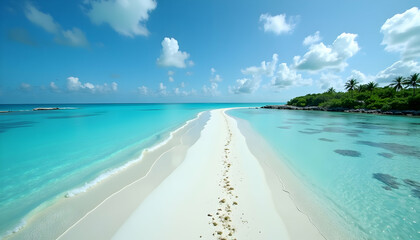Walking on Sandbar Path at Tropical Beach with Azure Water