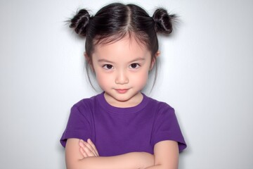 With her arms crossed and a sorrowful expression, the little girl looks downward, clearly upset