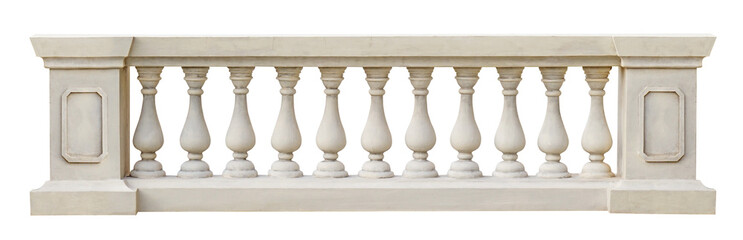 Close up of a white stone balustrade with decorative posts. Classic stone italian balustrade. Balustrade, terrace, porch or balcony railing, fencing sections with baluster.	
