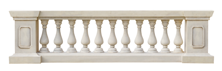 Close up of a white stone balustrade with decorative posts. Classic stone italian balustrade. Balustrade, terrace, porch or balcony railing, fencing sections with baluster.	
