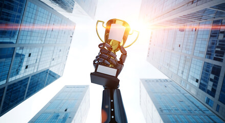 Robotic arm holding golden trophy with skyscrapers representing business success and victory