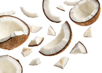 Coconut pieces floating, isolated PNG transparent background