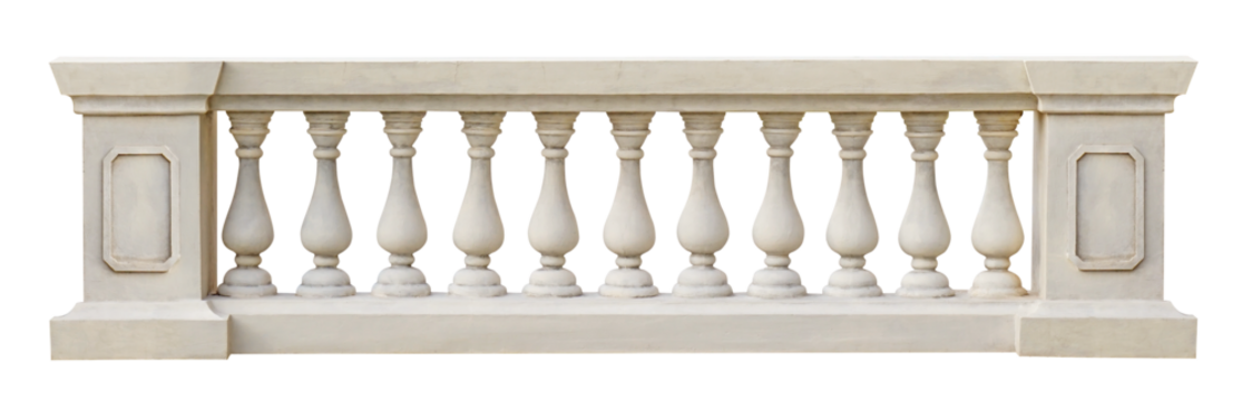 Close up of a white stone balustrade with decorative posts. Classic stone italian balustrade. Balustrade, terrace, porch or balcony railing, fencing sections with baluster.	
