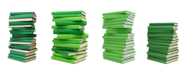 Isolated stacks of green books against a plain white backdrop convey knowledge