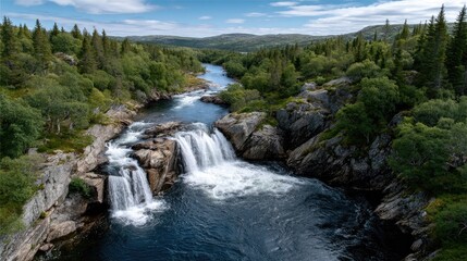 Fototapeta premium Calm waters reflect clear skies and sunlight while a picturesque waterfall enhances the peaceful riverside scene