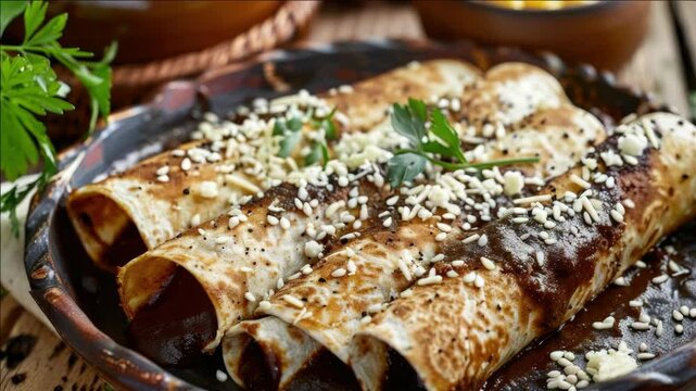 A serving of authentic Mexican food, featuring enchiladas on a rustic plate garnished with cilantro and seeds.