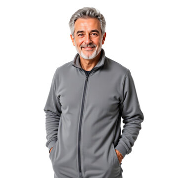 61 year old man, neutral expression, wearing grey tracksuit, friendly and relaxed expression, transparent background