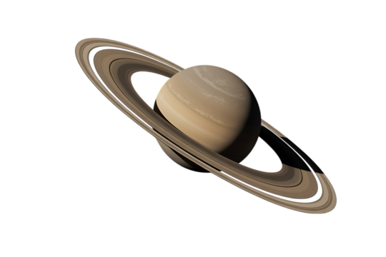 Detailed view of planet saturn with its prominent rings isolated on transparent background