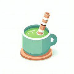 Japan matcha latte set. Flat cartoon illustration of matcha drinks. Matcha latte with foam art, heart, rabbit, flower. Green matcha in various cups.
