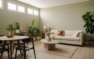 Fototapeta premium Green Serenity: A Modern Living Room Blending Natural Light, Minimalism, and Cozy Elegance