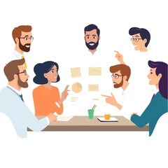 Fototapeta premium A group of six leaders are taking part in a virtual team lunch. Everyone is contributing ideas, and a few are pointing at the board or screen.