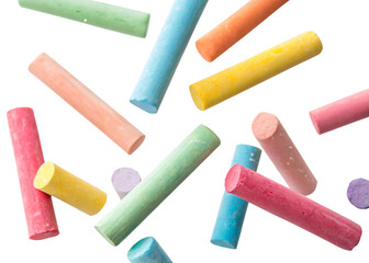 Colorful pastel chalk sticks floating, isolated PNG transparent background