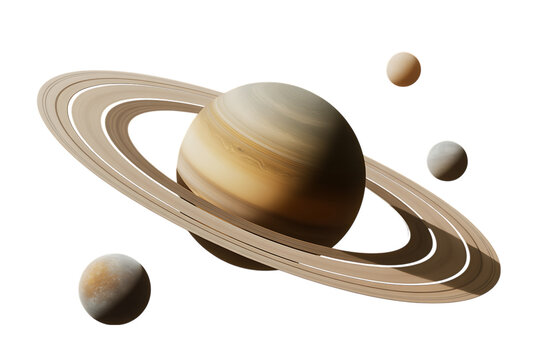 Saturn and its moons in space isolated on transparent background