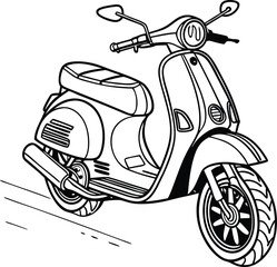 A detailed, clean line drawing of a classic scooter.