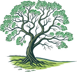 A vibrant, hand-drawn illustration showcases a large, flourishing tree with a thick trunk and extensive, spreading branches.