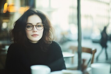 Woman wearing glasses drinking tea or coffee by the window with a city view. Generative AI