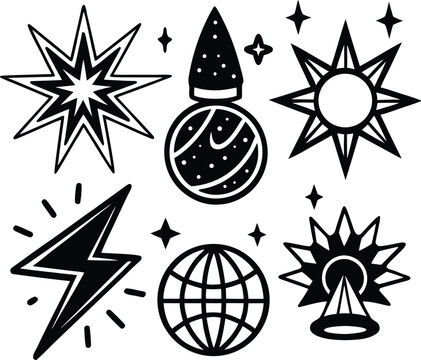 A set of vector icons illustrates abstract symbols including stars, compasses, and arrows, perfect for web design elements, visual, communication, template, resource, download