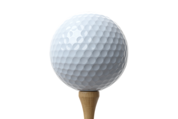Close up of a white golf ball resting on a wooden tee isolated on transparent background