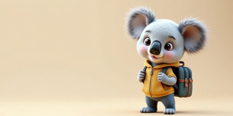 A cute cartoon koala wearing a yellow jacket and carrying a backpack stands against a plain background. The koala has large ears and a friendly expression.